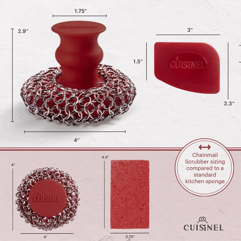 Cuisinel منظف ​​سلسلة البريد من الحديد الزهر + مكشطة المقلاة - وعاء ومقلاة مريح فاخر من الفولاذ المقاوم للصدأ/السيليكون - تصميم آمن للطعام - أواني طهي آمنة للاستخدام في غسالة الأطباق سهلة التنظيف - ملحق إسفنجة المطبخ - Image 4